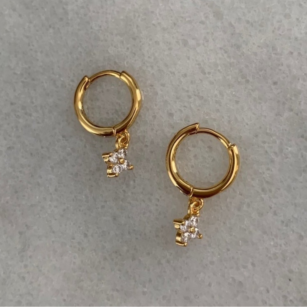 Gold Flower Crystal Dangle Huggie Hoop Earrings